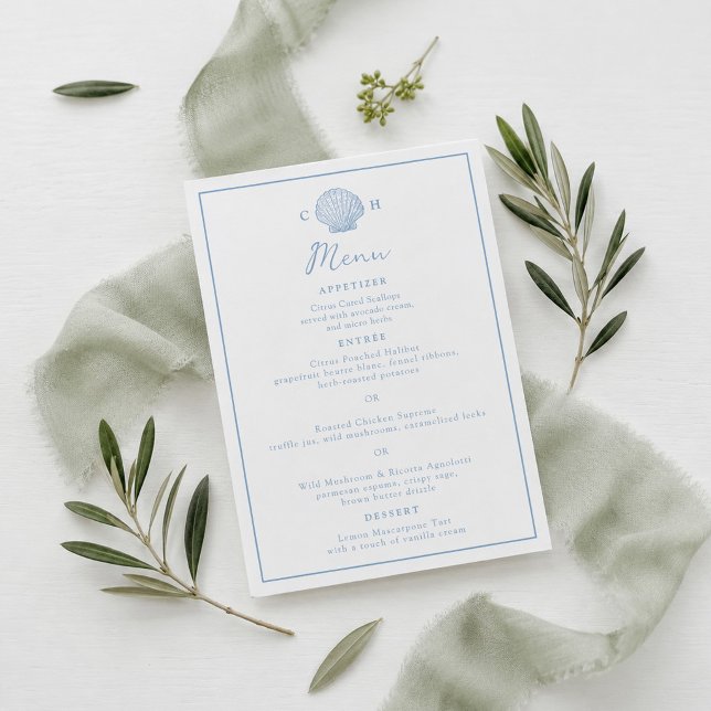 Cartão de Menu de Casamento Costeiro Concha Azul (Criador carregado)