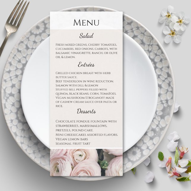 cartão de menu de casamento da coleção robusta mod (Modern blush pink flower easy to read menu. Creamy background with crispy white details. )