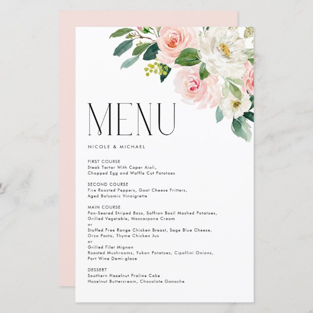 Cartão de Menu de Casamento das Flores de Jardim B (Frente/Verso)