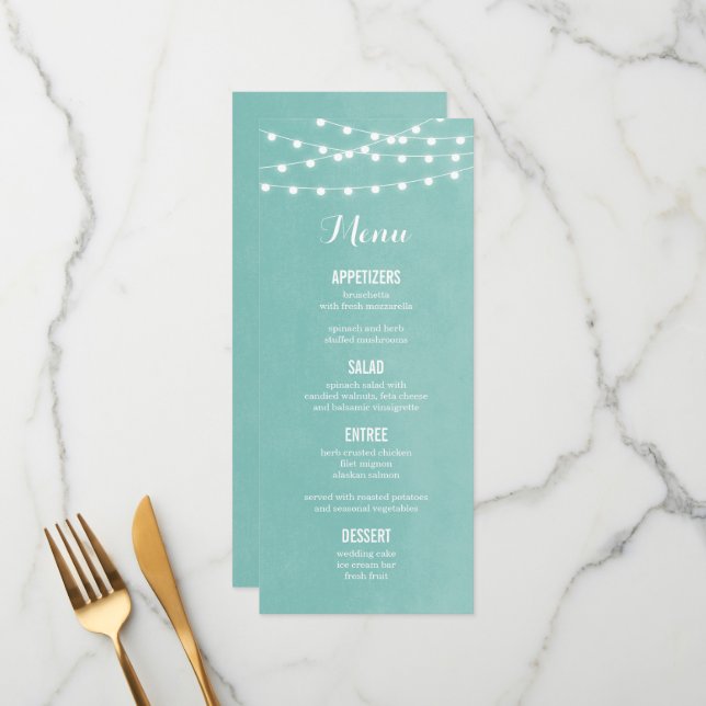 Cartão de Menu de Casamento das Luzes Aqua String (Frente/Verso In Situ)