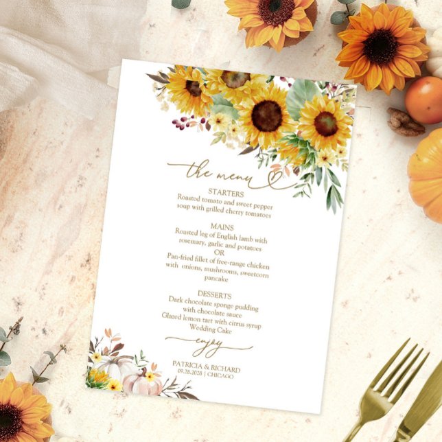 Cartão de Menu de Casamento de Abóbora e Girassóis (Criador carregado)
