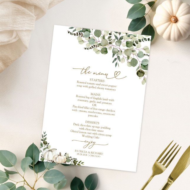 Cartão de Menu de Casamento de Abóbora Verde Outon (Criador carregado)