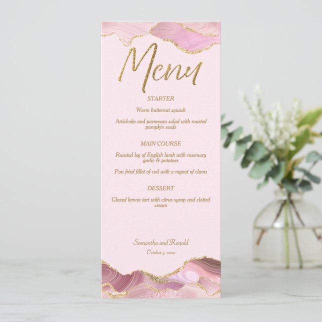 Cartão de Menu de Casamento de Agata Rosa e Dourad (Em pé/Frente)
