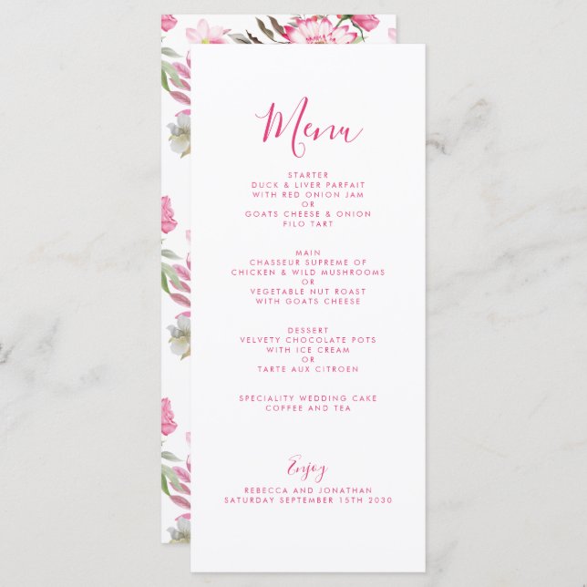 Cartão de Menu de Casamento de Aquarela Floral Ros (Frente/Verso)
