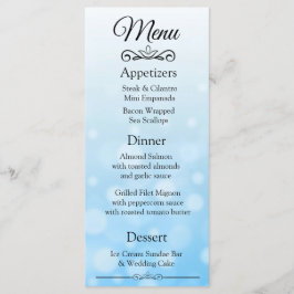 Cartão de Menu de Casamento de Bokeh Azul Decorati