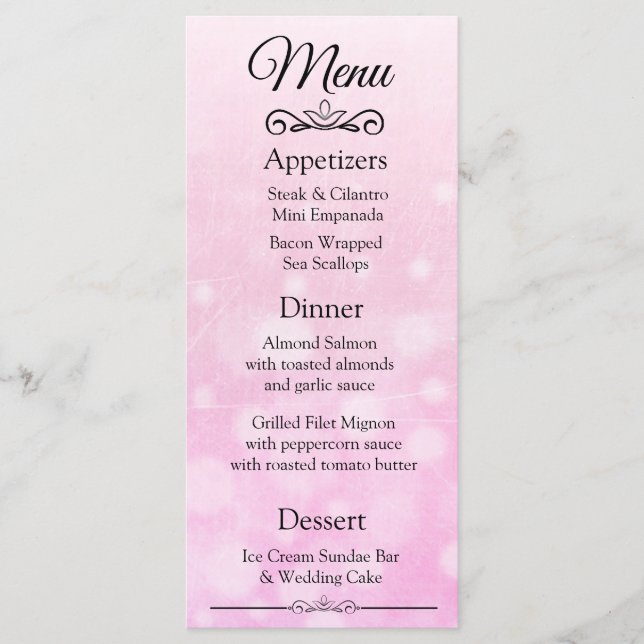 Cartão de Menu de Casamento de Bokeh Rosa Decorati (Frente)