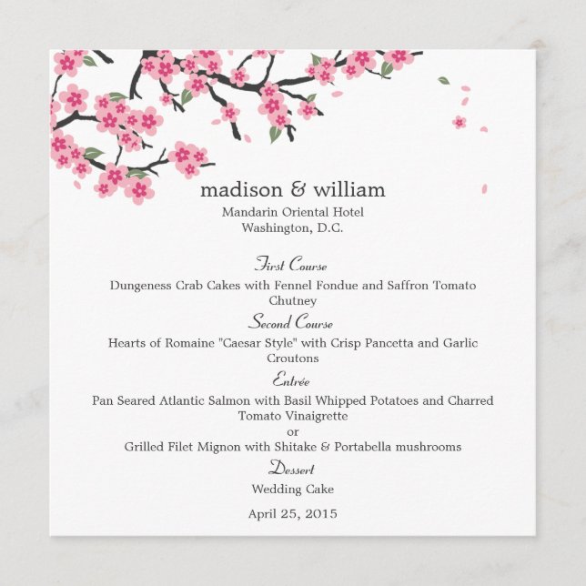 Cartão de Menu de Casamento de Cherry Blossoms (Frente)
