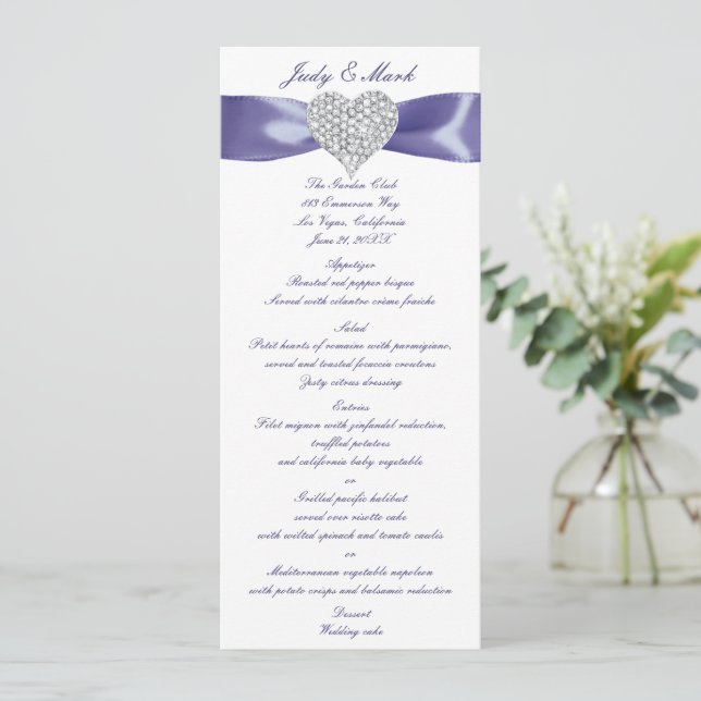 Cartão de Menu de Casamento de Coração com Diamant (Em pé/Frente)