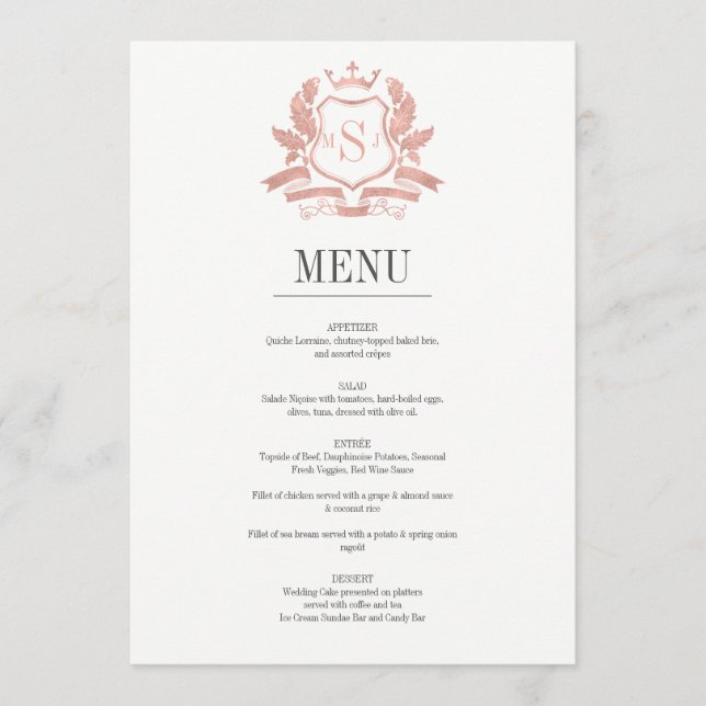Cartão de Menu de Casamento de Crest Dourado Cláss (Frente)