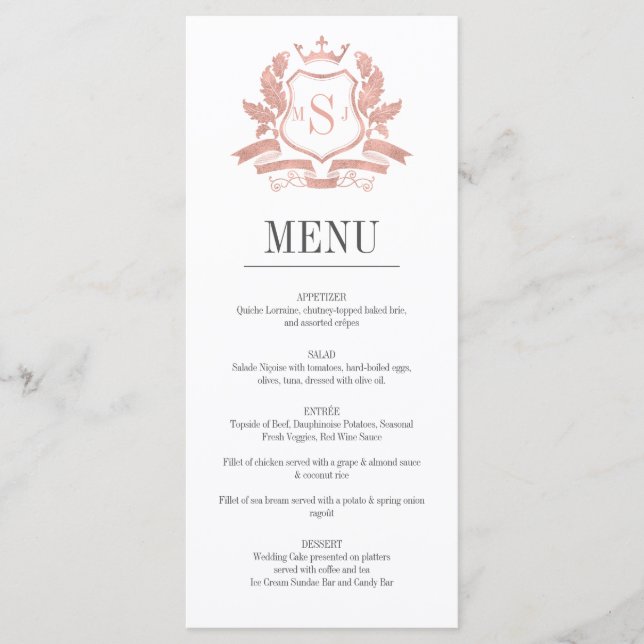 Cartão de Menu de Casamento de Crest Dourado Cláss (Frente)