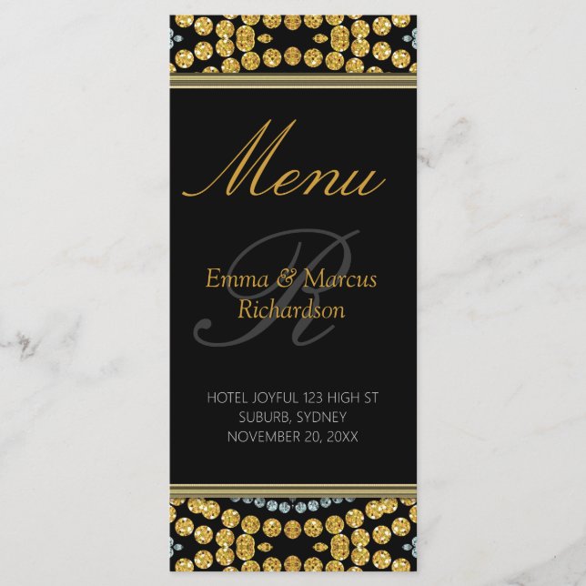 Cartão de Menu de Casamento de Decoração Preto e D (Frente)