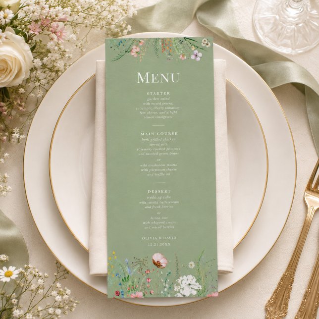 Cartão de Menu de Casamento de Flor Silvestre Verd (Sage Green Wildflower Wedding Menu Card)