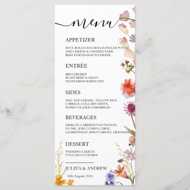 Cartão de Menu de Casamento de Flores Selvagens El (Frente)