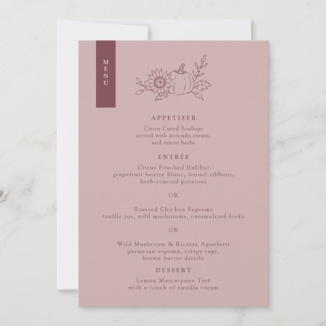 Cartão de Menu de Casamento de Girassol e Abóbora  (Frente)