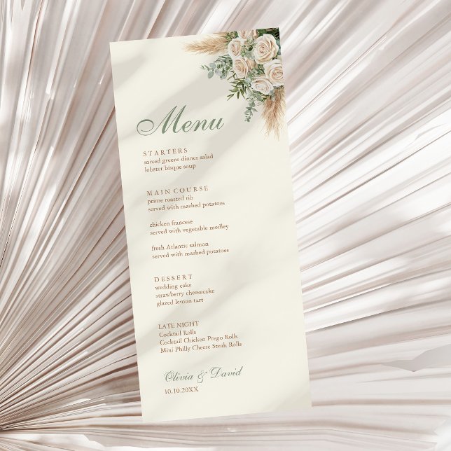 Cartão de Menu de Casamento de Grama das Pampas Be (Elegant Beige Pampas Grass Wedding Menu Card on a neutral dry palm leaf)