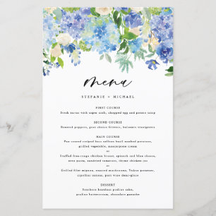 Cartão de Menu de Casamento de Hydrangeas Azul de