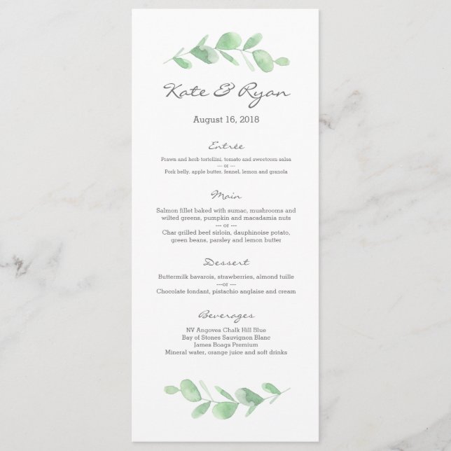 Cartão de Menu de Casamento de Jardim Eucalyptus (Frente)
