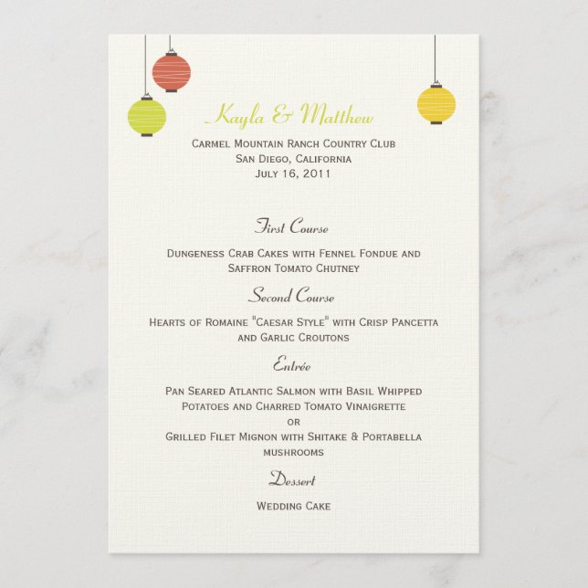 Cartão de Menu de Casamento de Lanternas Suspensas (Frente)