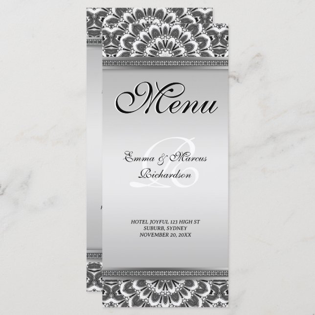 Cartão de Menu de Casamento de Mandala Preto Branc (Frente/Verso)