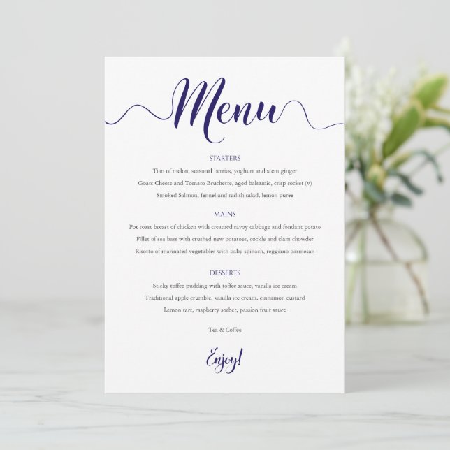 Cartão de Menu de Casamento de marinho (Em pé/Frente)