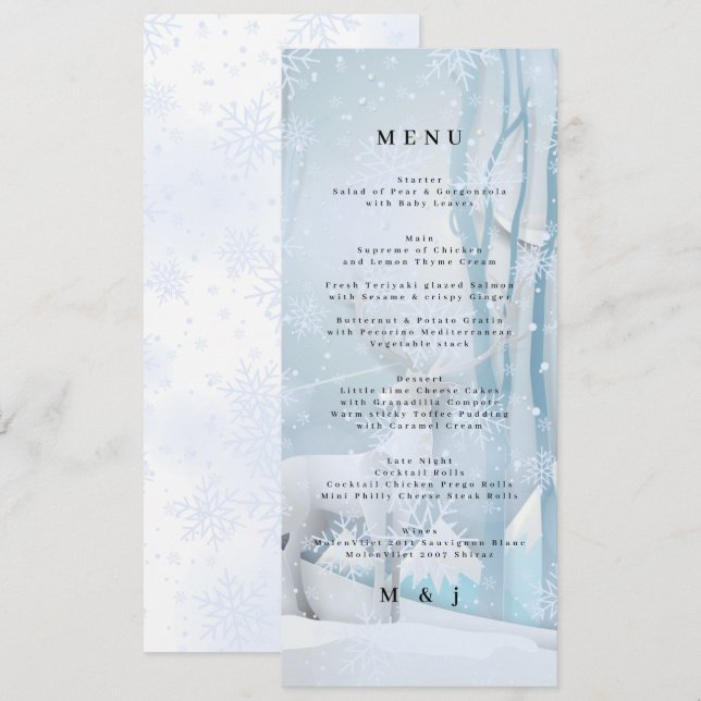 Cartão de Menu de Casamento de Neve de Inverno (Frente/Verso)