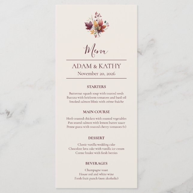 Cartão de Menu de Casamento de Outono com Folha de (Frente)