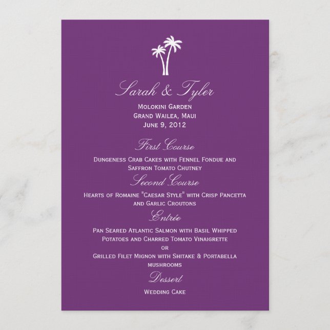 Cartão de Menu de Casamento de Palm Trees - Roxo (Frente)