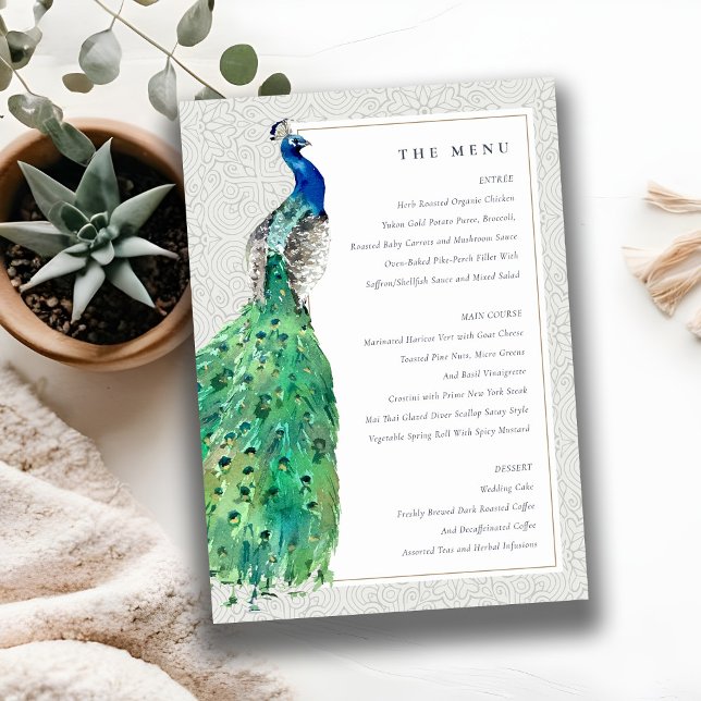 Cartão de Menu de Casamento de Peacock com Aquarel (Criador carregado)