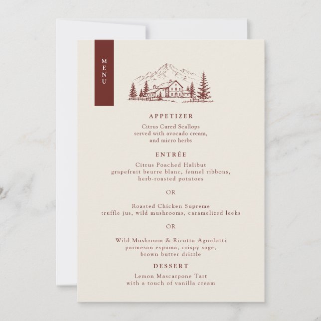 Cartão de Menu de Casamento de Pinheiro Borgonha (Frente)