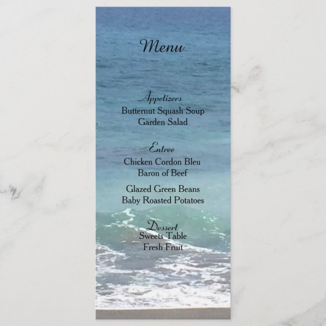 Cartão de Menu de Casamento de Praia e Oceano (Frente)