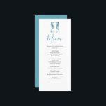 Cartão de Menu de Casamento de Praia Personalizado<br><div class="desc">Conclua sua celebração com os cartões de casamento de praia, o toque perfeito para sua decoração de casamento de praia. Projetados com elegantes cavalos-marinhos aquosos em tons calmantes de azul, eles trazem charme costeiro à sua cola enquanto complementam qualquer tema de casamento ou estilo de casamento náutico. Esses cartões personalizados...</div>