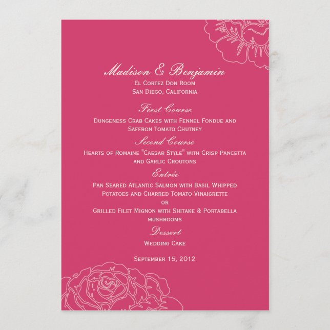 Cartão de Menu de Casamento de Rosa - Rosa (Frente)