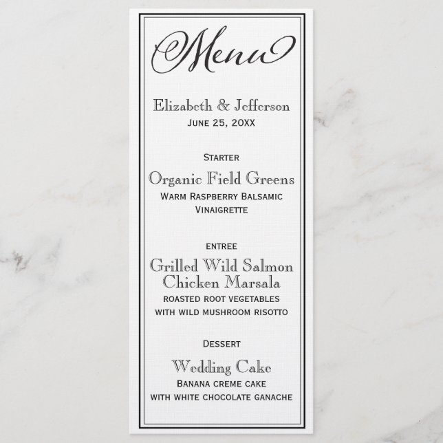 Cartão de Menu de Casamento de Script Branco e Pre (Frente)