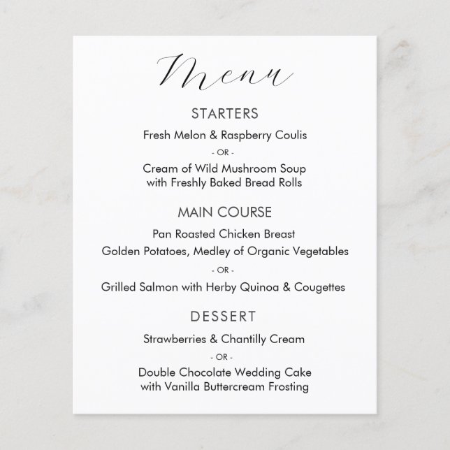 Cartão de Menu de Casamento de Script Elegante (Frente)