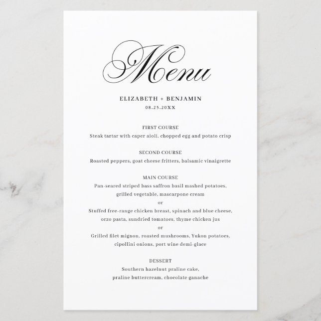 Cartão de Menu de Casamento de Script Flourish-Flo (Frente)