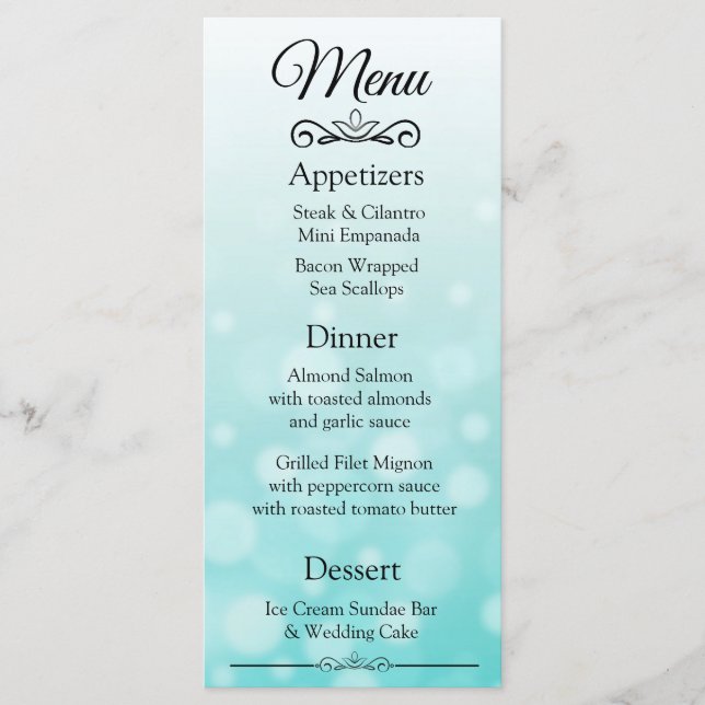 Cartão de Menu de Casamento de Teal Bokeh Elegante (Frente)