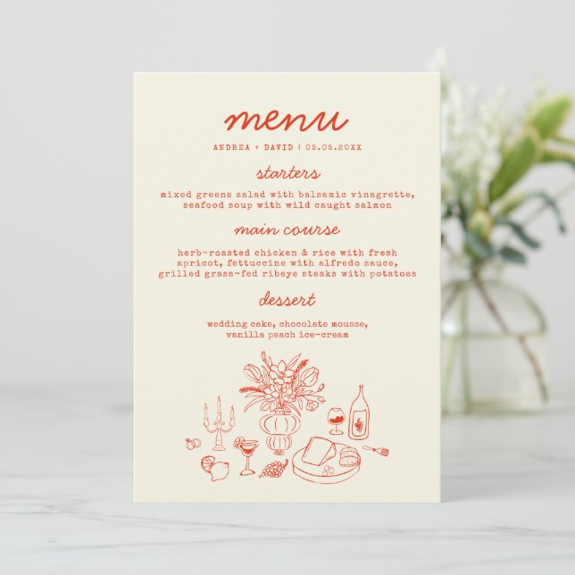 Cartão de Menu de Casamento Desenhado à Mão com Co (Em pé/Frente)
