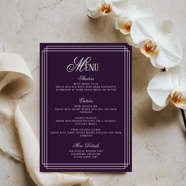Cartão de Menu de Casamento Dinheiro Antigo Roxo (Criador carregado)