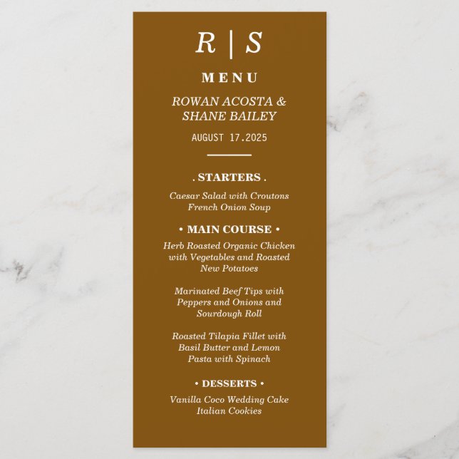 Cartão de Menu de Casamento do Chestnut Brown Mono (Frente)