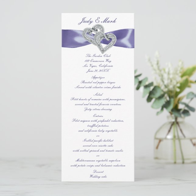 Cartão de Menu de Casamento do Coração Azul Roxo (Em pé/Frente)