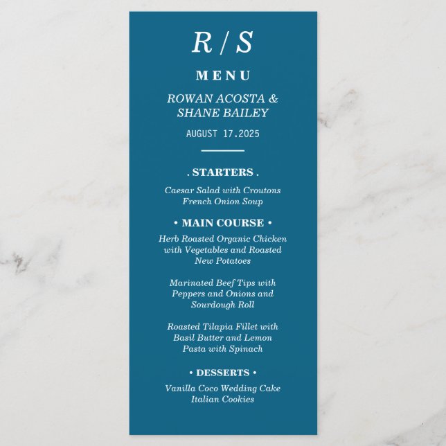 Cartão de Menu de Casamento do Monograma Azul Clás (Frente)