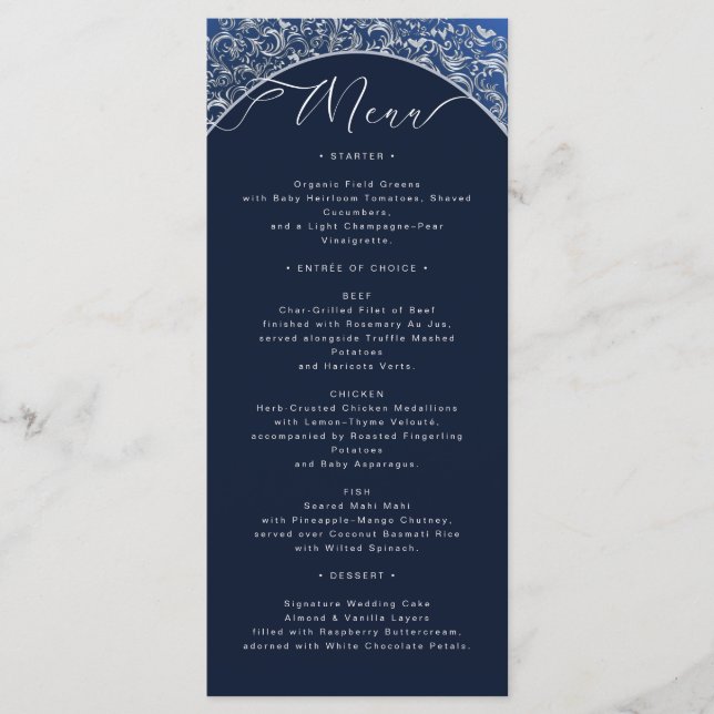 Cartão de Menu de Casamento do Ornamentado Azul Cl (Frente)
