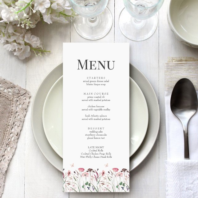 Cartão de Menu de Casamento do Prado da Papoula Ro (Pink Poppy Meadow Wedding Menu Card on a boho white wedding table)
