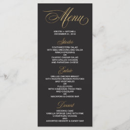 Cartão de Menu de Casamento Dourado e Preto Elegan
