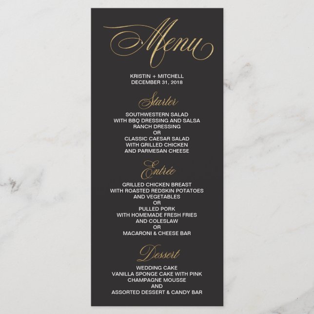 Cartão de Menu de Casamento Dourado e Preto Elegan (Frente)