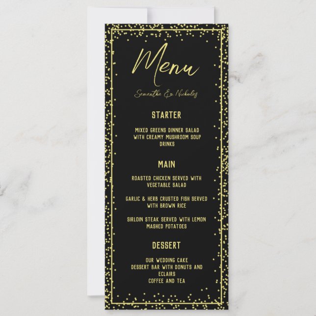 Cartão de Menu de Casamento Dourado e Preto Mínimo (Frente)