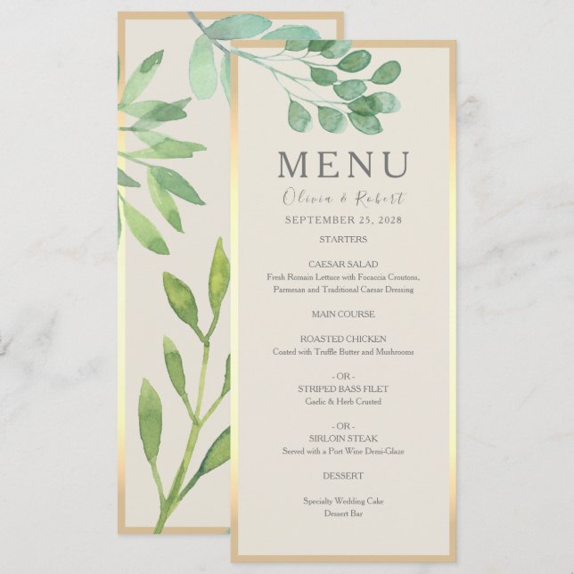 Cartão de Menu de Casamento Dourado Greenery (Frente/Verso)