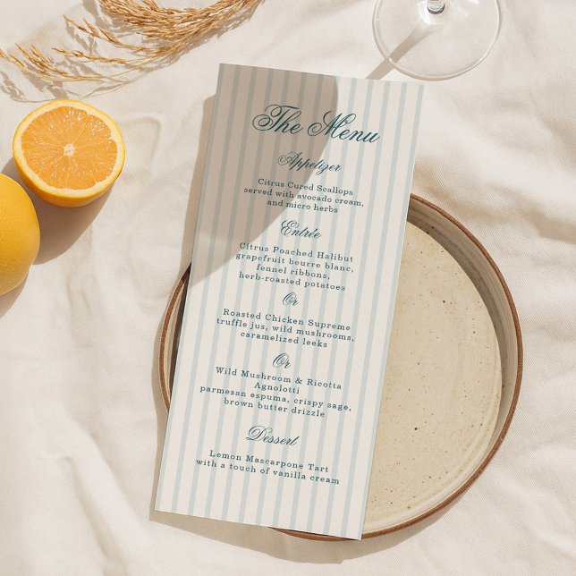 Cartão de Menu de Casamento Elegante com Listra Az (Criador carregado)
