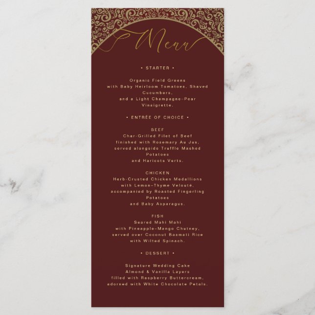 Cartão de Menu de Casamento Elegante de Damasco Ve (Frente)