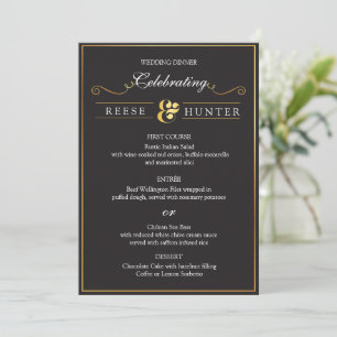 Cartão de Menu de Casamento Elegante Dourado e Pre